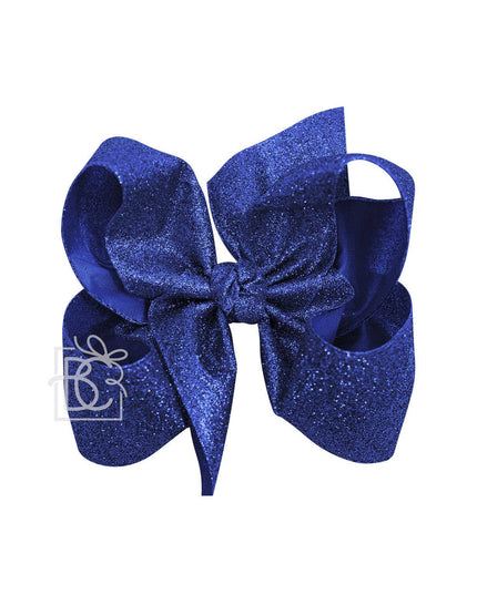 GLITTER METALLIC BOW ON CLIP: 6.5" Jumbo - 2.5" Ribbon on Lg. Alligator Clip / ROYAL BLUE