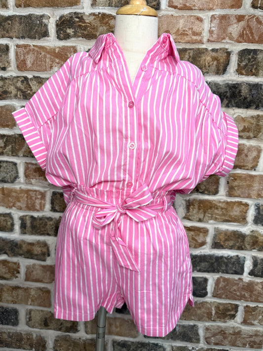 Dolman Cut Button Stripe Top + Belted Paper Bag Shorts Set