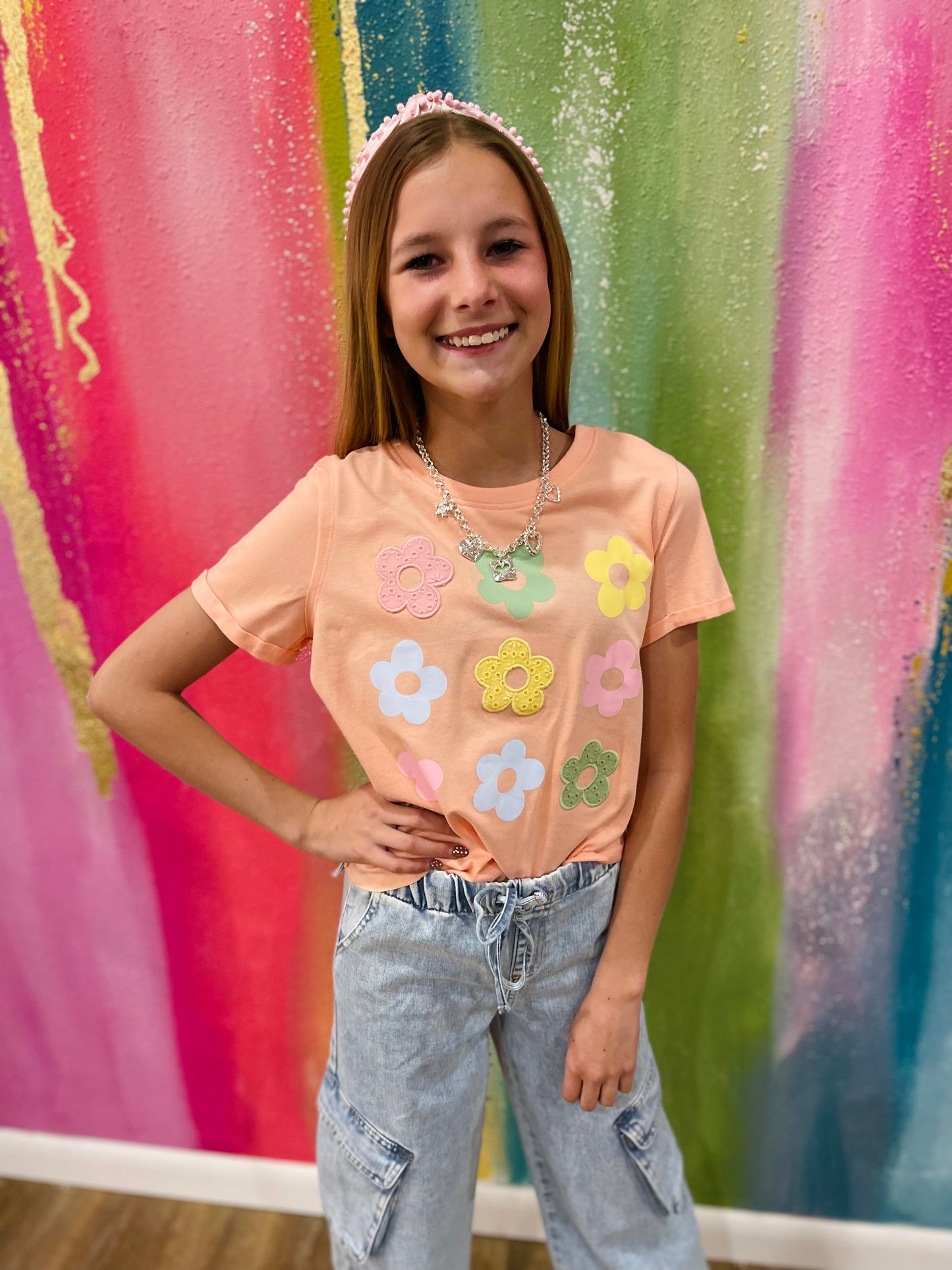 Distressed Flowers Icons Tee | Peach