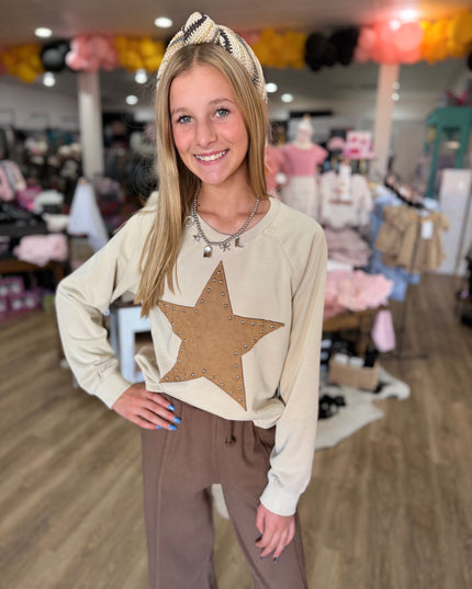 Suede Star Patch LS Crew Neck | Oatmeal & Suede Camel