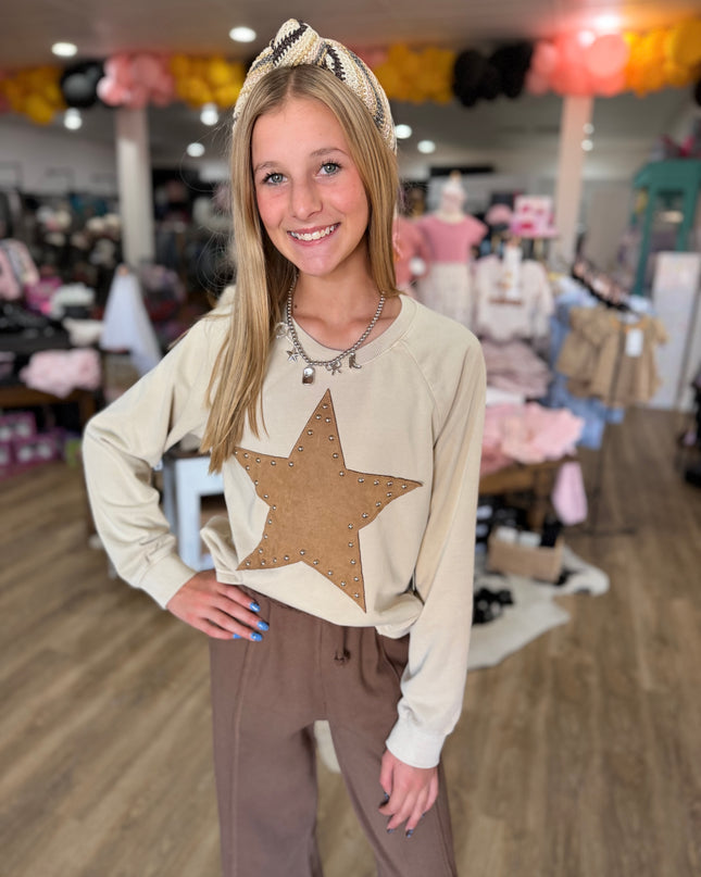 Suede Star Patch LS Crew Neck | Oatmeal & Suede Camel