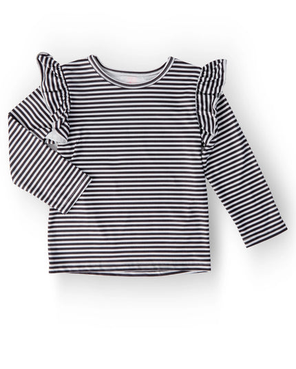 Long Sleeve Ruffle Tee | Black & White Stripe
