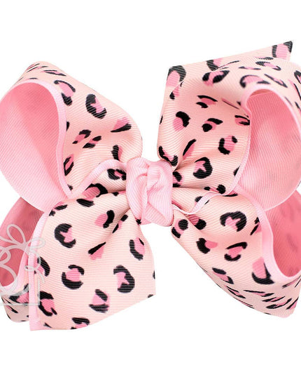LAYERED LEOPARD BOW ON CLIP: 6.5" Jumbo - 2.25" & 2" Ribbons on Lg. Alligator Clip / OATMEAL/MULTI LEOPARD