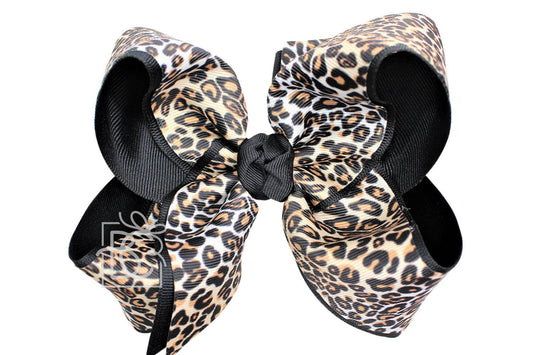 LAYERED LEOPARD BOW ON CLIP: 6.5" Jumbo - 2.25" & 2" Ribbons on Lg. Alligator Clip / BLACK/MULTI LEOPARD