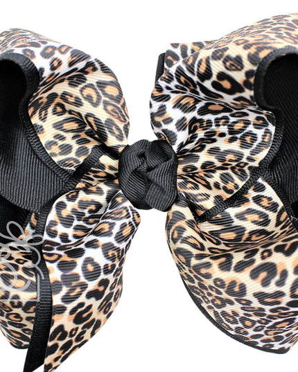 LAYERED LEOPARD BOW ON CLIP: 6.5" Jumbo - 2.25" & 2" Ribbons on Lg. Alligator Clip / OATMEAL/MULTI LEOPARD