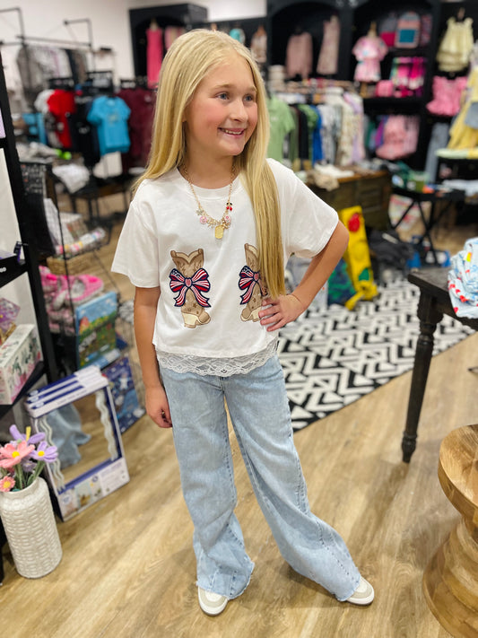 Americana Boot Bow Patch Lace Hem Graphic Tee