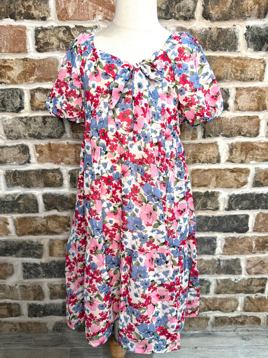 Spring Floral Puff Sleeve Bow Front Dress