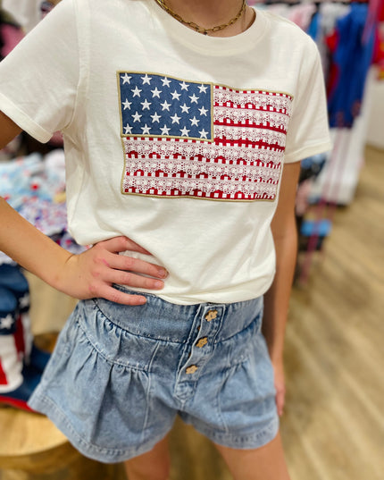 USA Flag Lace Trim Tee | Vanilla White