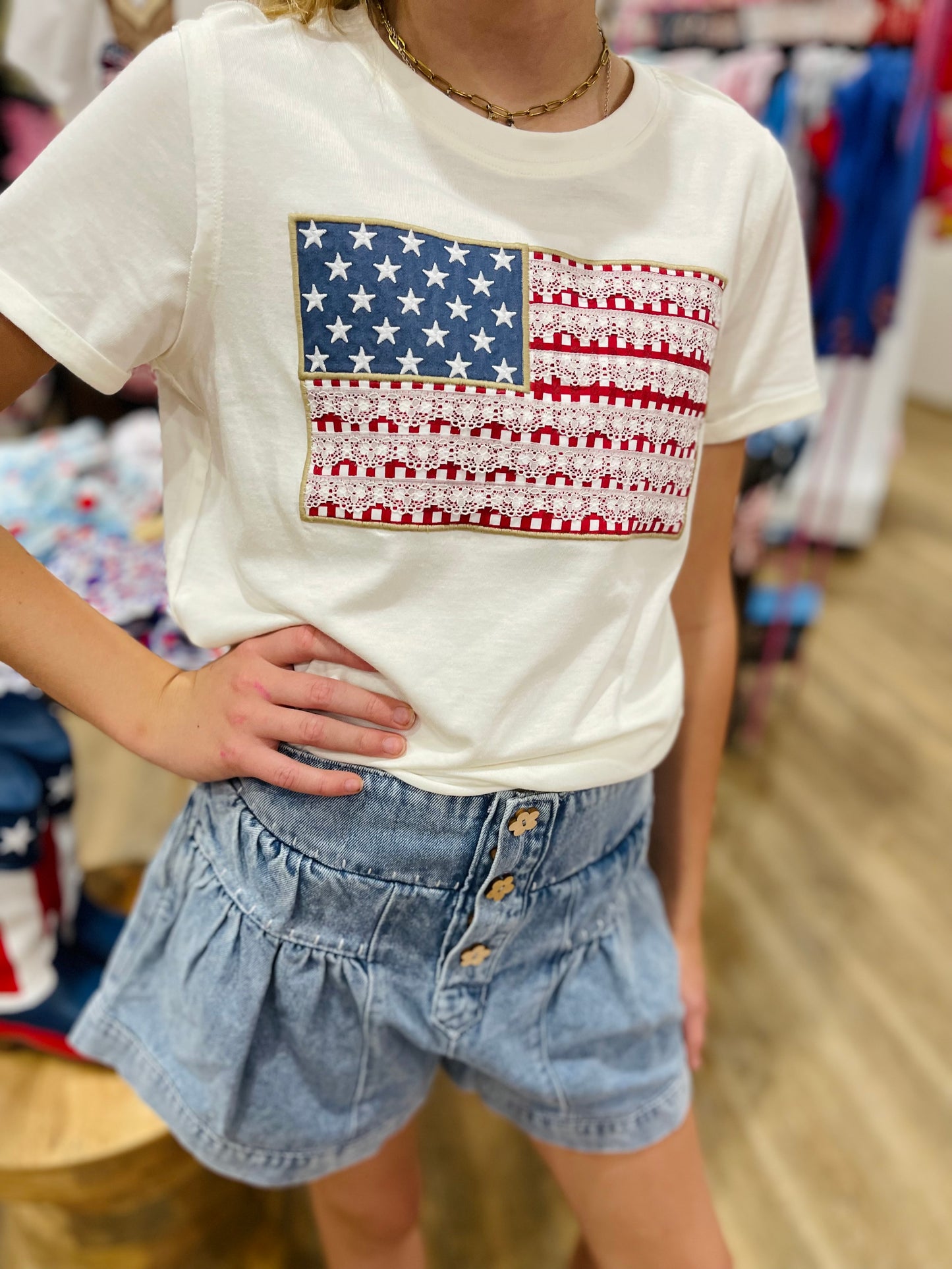 USA Flag Lace Trim Tee | Vanilla White