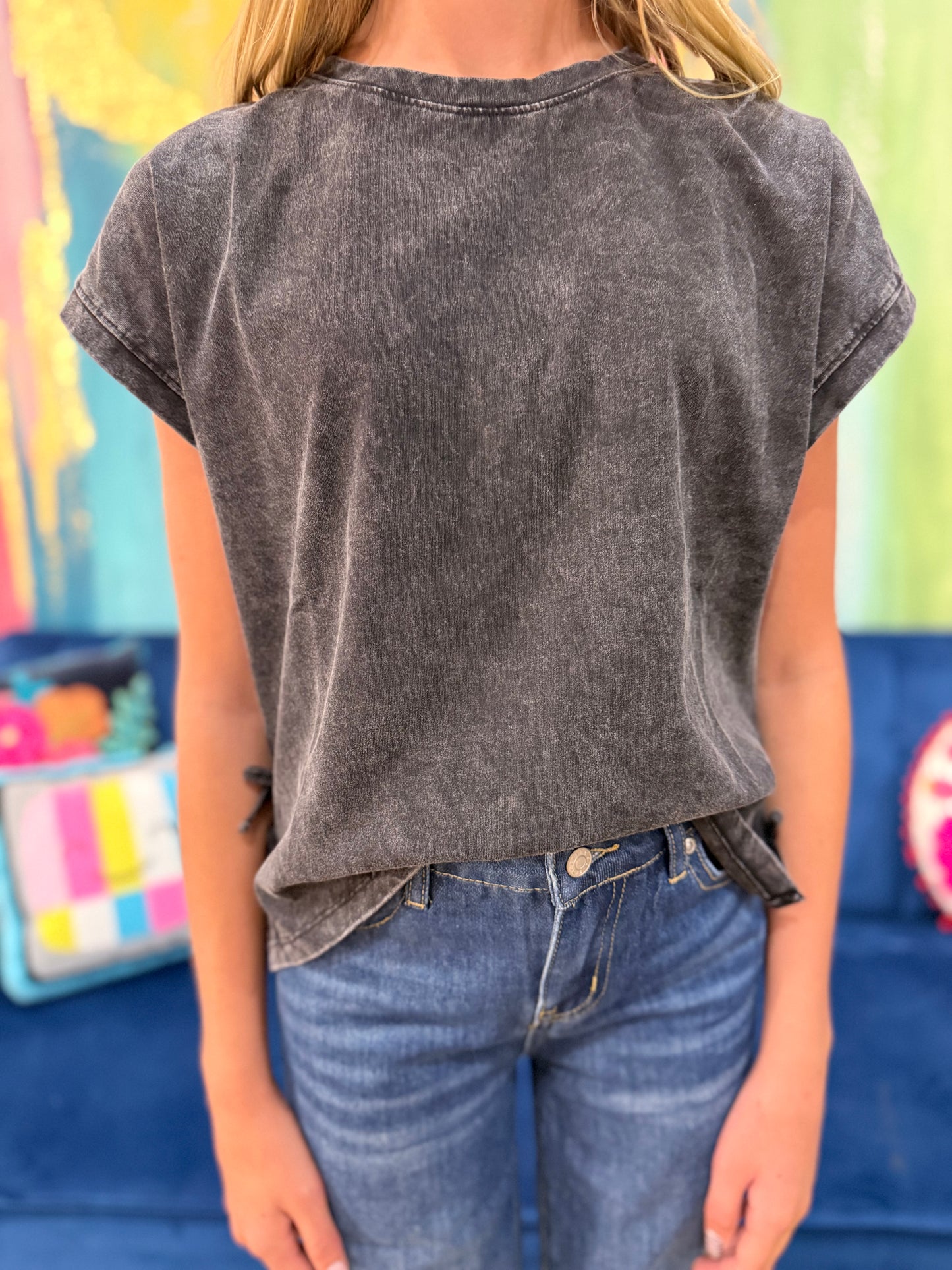 Mineral Washed Side Bow Knit Tee | Black