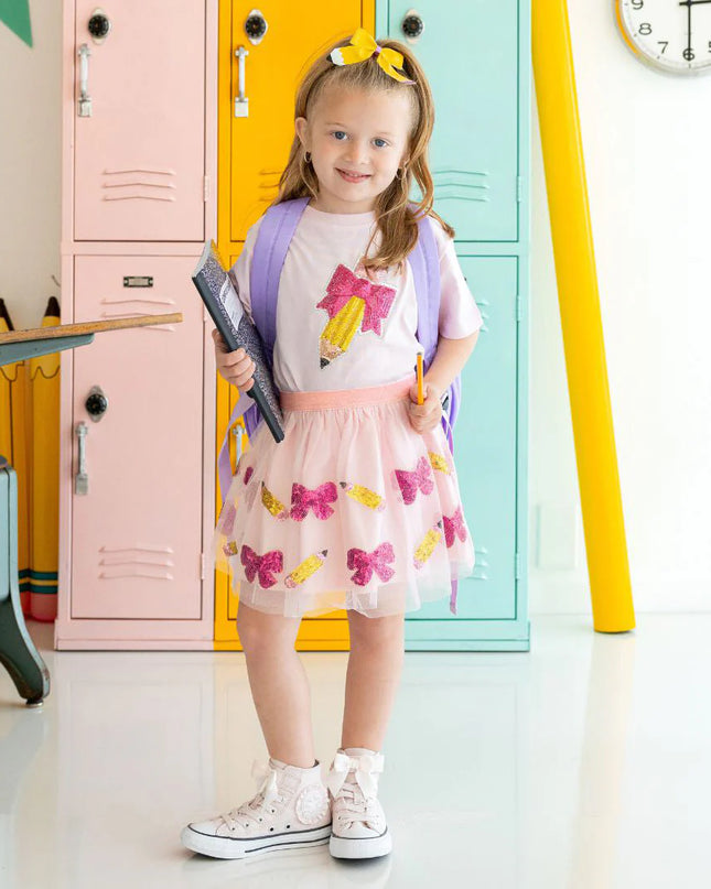 Pencil Sequin Patch Short Sleeve T-Shirt