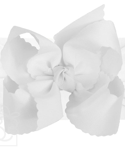 Scalloped Grosgrain Bow on Stretchy Hose Headband |  5.5" White