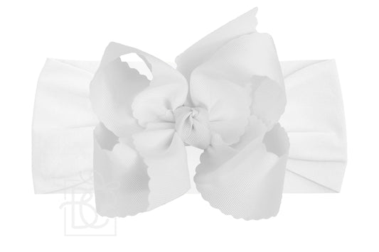 Scalloped Grosgrain Bow on Stretchy Hose Headband |  5.5" White