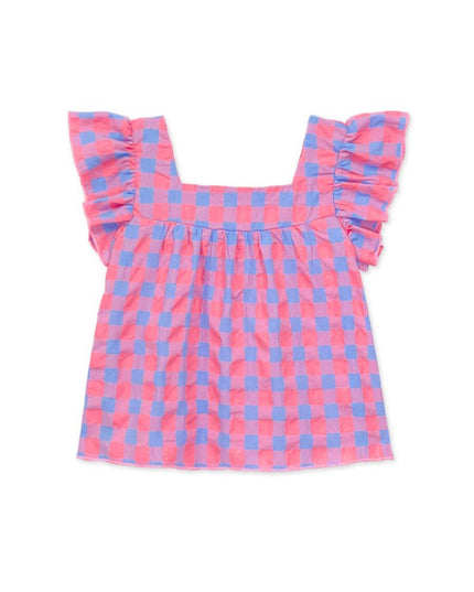 Square Neckline: Pink Blue Checkered Top