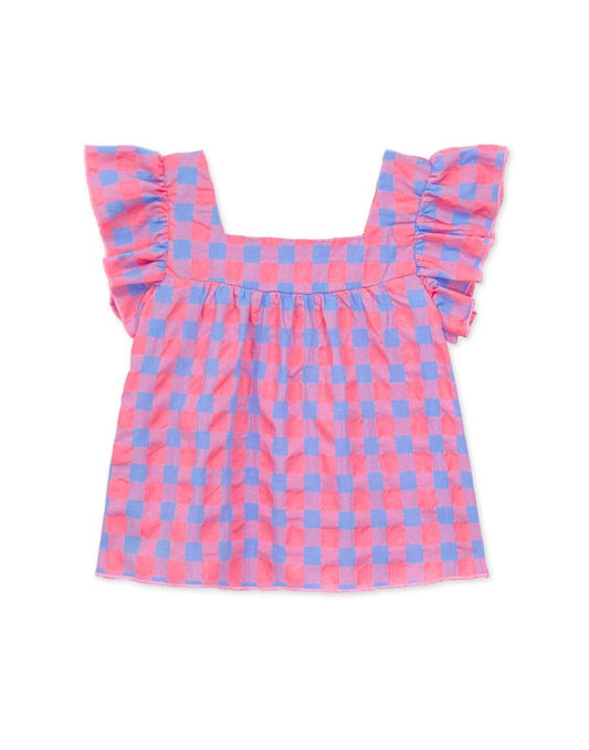 Square Neckline: Pink Blue Checkered Top