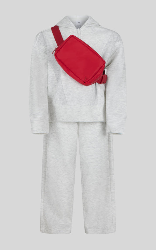 Half Zip Hoodie, Wide Leg Pant + Belt Bag  Set | Heather Grey & Red