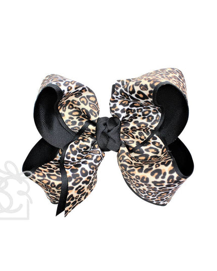 LAYERED LEOPARD BOW ON CLIP: 6.5" Jumbo - 2.25" & 2" Ribbons on Lg. Alligator Clip / BLACK/MULTI LEOPARD