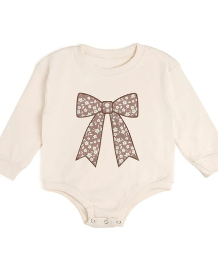 Mocha Floral Bow Patch Long Sleeve Romper