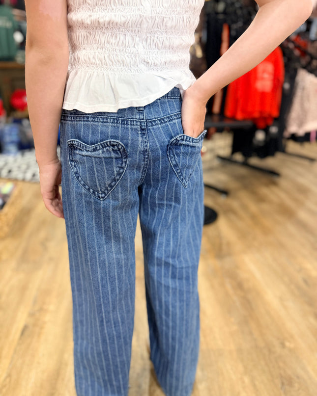 Heart Patch Pocket Wide Leg Jeans | Stripe Indigo