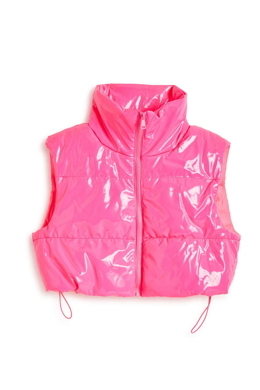 Cropped Puffer Vest - Neon Pink