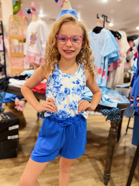 Floral Printed Terry Cloth Tank | Blue