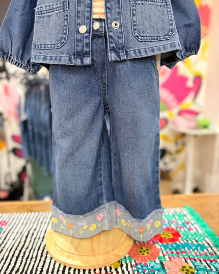 Flora Embroidered Wide Leg Cuffed Jeans | Denim