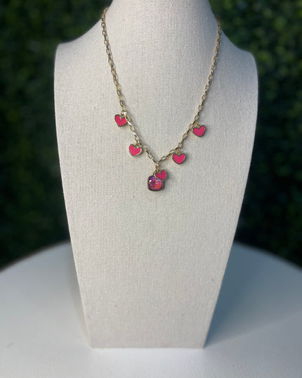 Pink Hearts Charm Necklace | Gold
