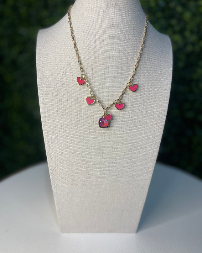 Pink Hearts Charm Necklace | Gold