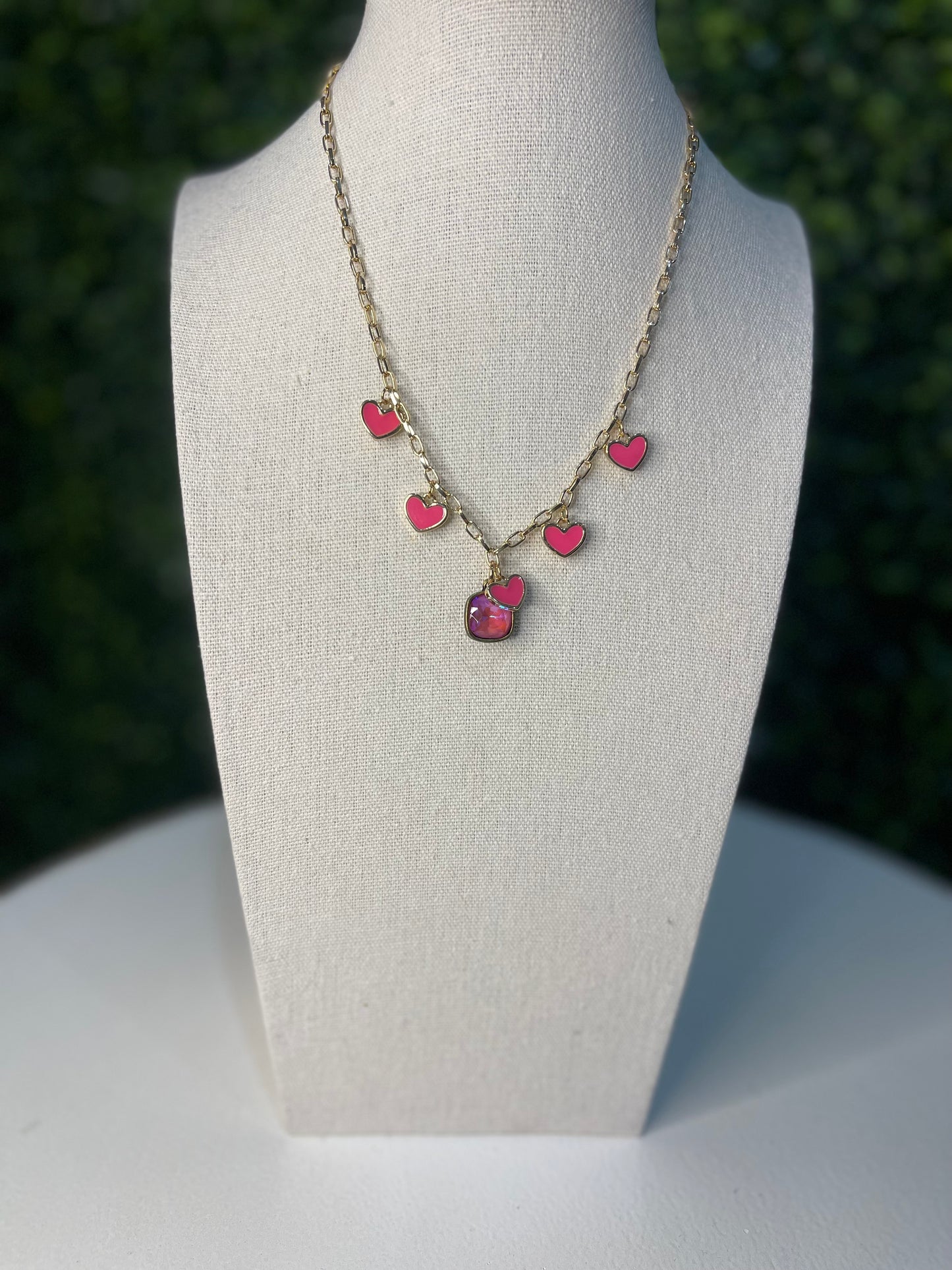 Pink Hearts Charm Necklace | Gold