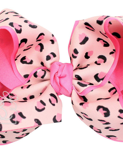 LAYERED LEOPARD BOW ON CLIP: 6.5" Jumbo - 2.25" & 2" Ribbons on Lg. Alligator Clip / OATMEAL/MULTI LEOPARD