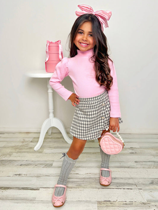 Pink Turtleneck Top + Houndstooth Skort Set