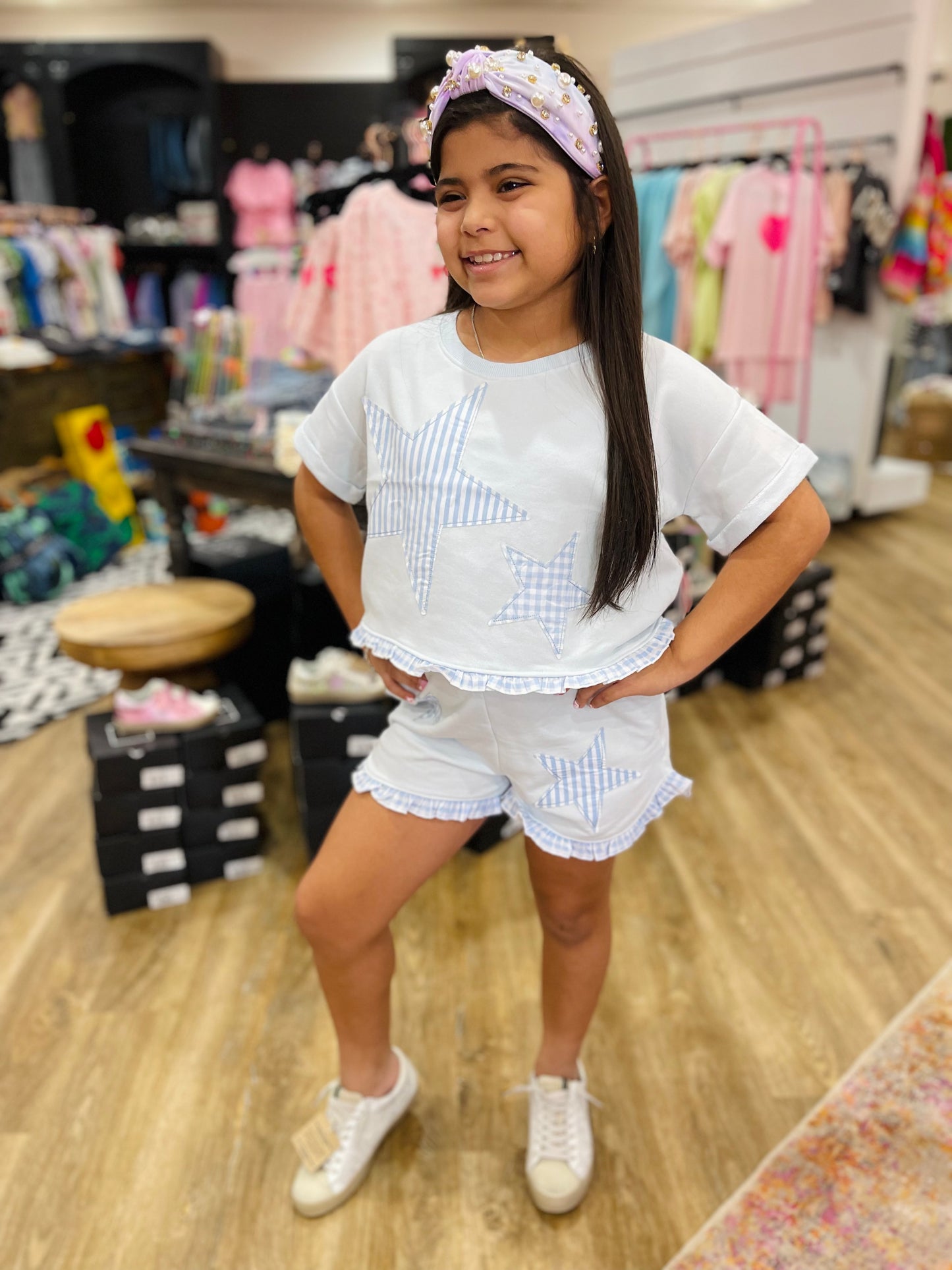 Star Applique w/ Ruffle Hem Top | Light Blue