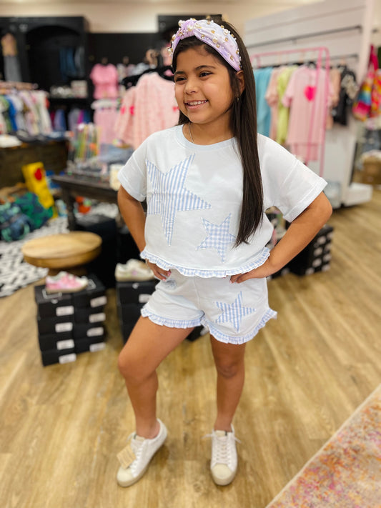 Star Applique w/ Ruffle Hem Top | Light Blue