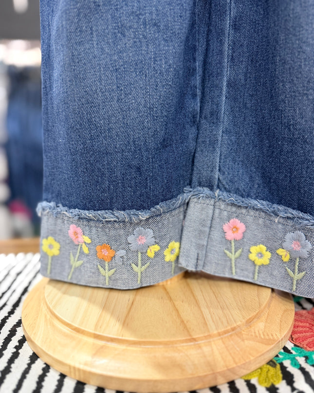 Flora Embroidered Wide Leg Cuffed Jeans | Denim