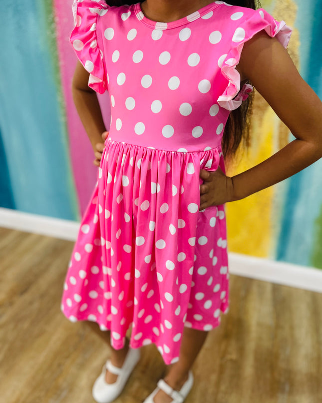 Polka Dots Flutter Sleeve Twirl Dress | Pink