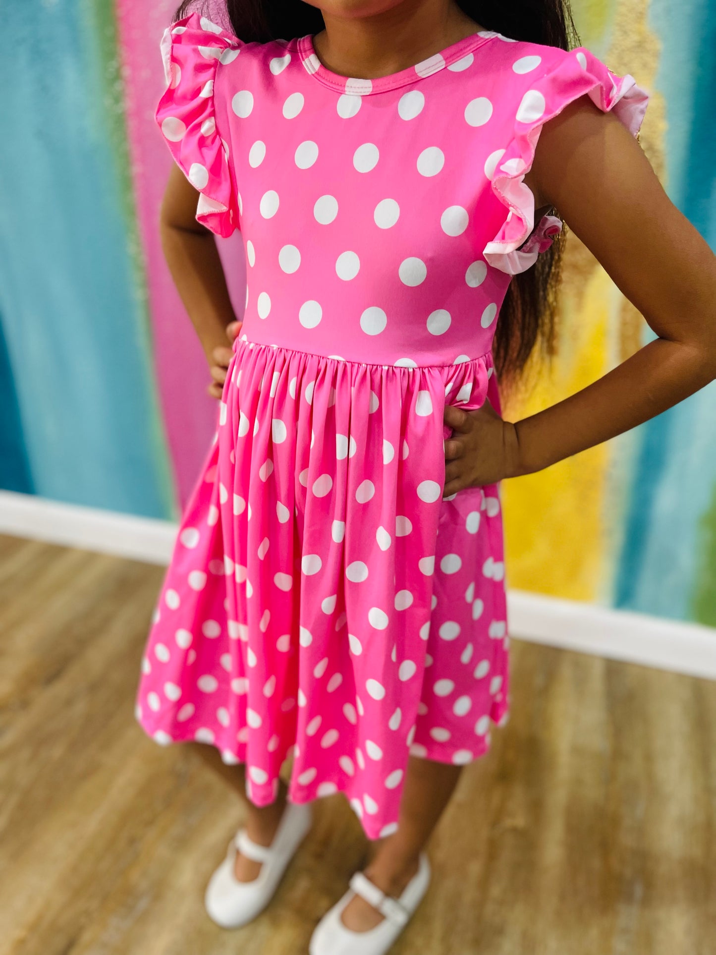 Polka Dots Flutter Sleeve Twirl Dress | Pink
