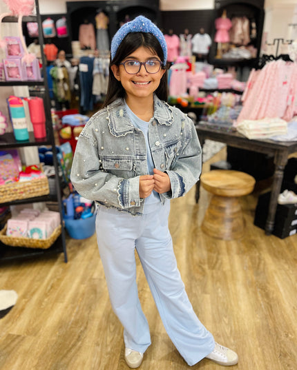 Light Wash Denim Jacket With Pearls
