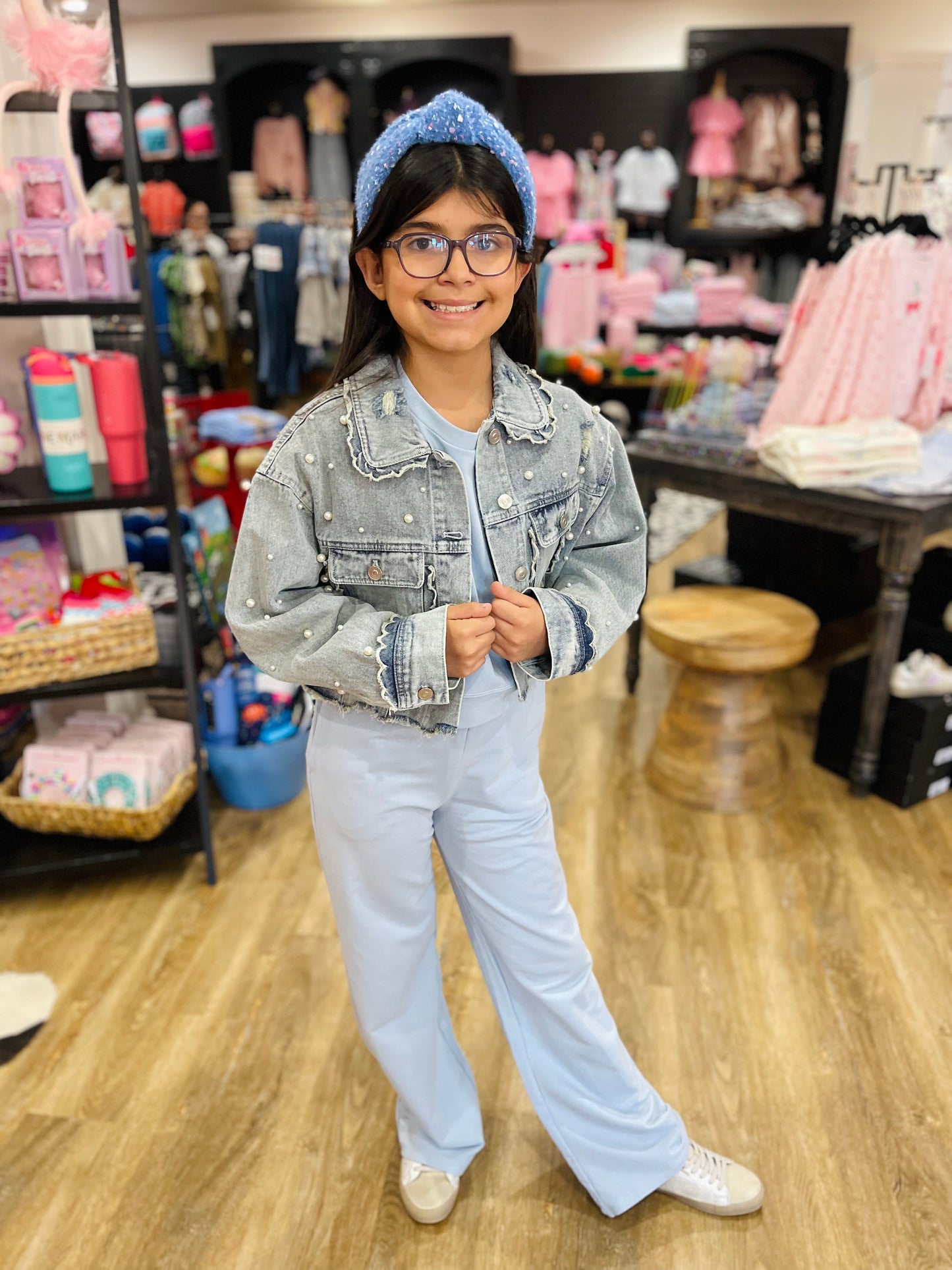 Light Wash Denim Jacket With Pearls