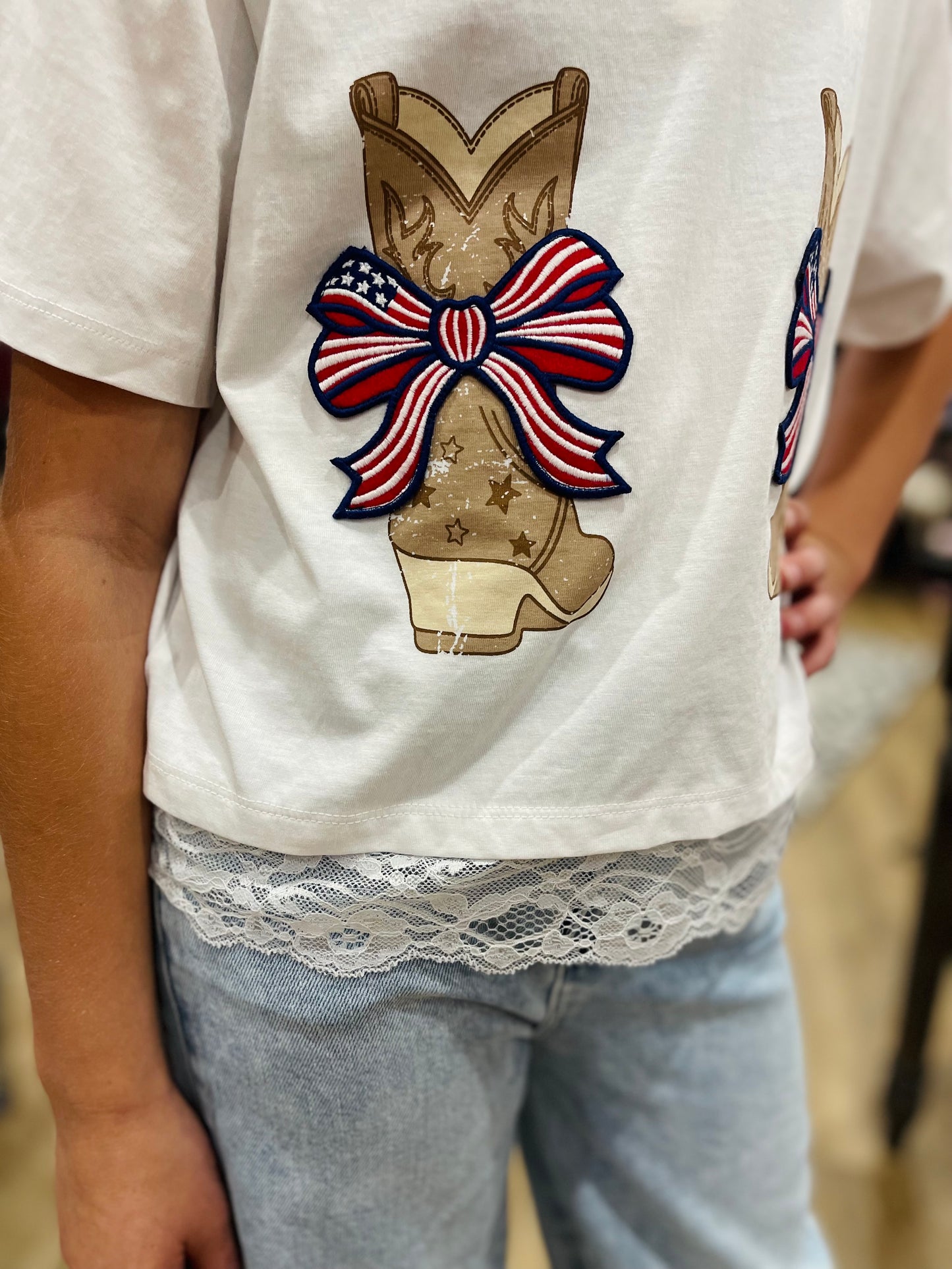 Americana Boot Bow Patch Lace Hem Graphic Tee