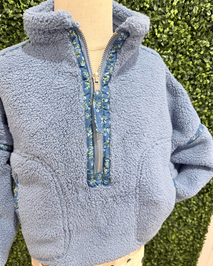Floral Print Piped Sherpa Pullover