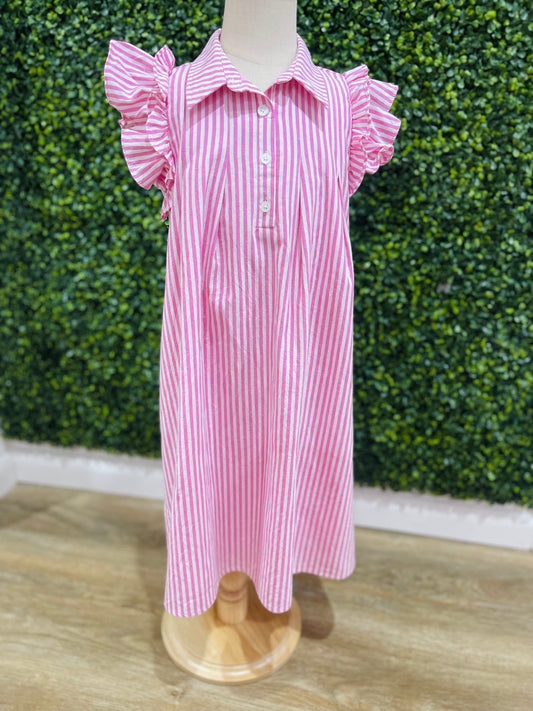 Button Collared Pleated Pinstripe Dress | Pink