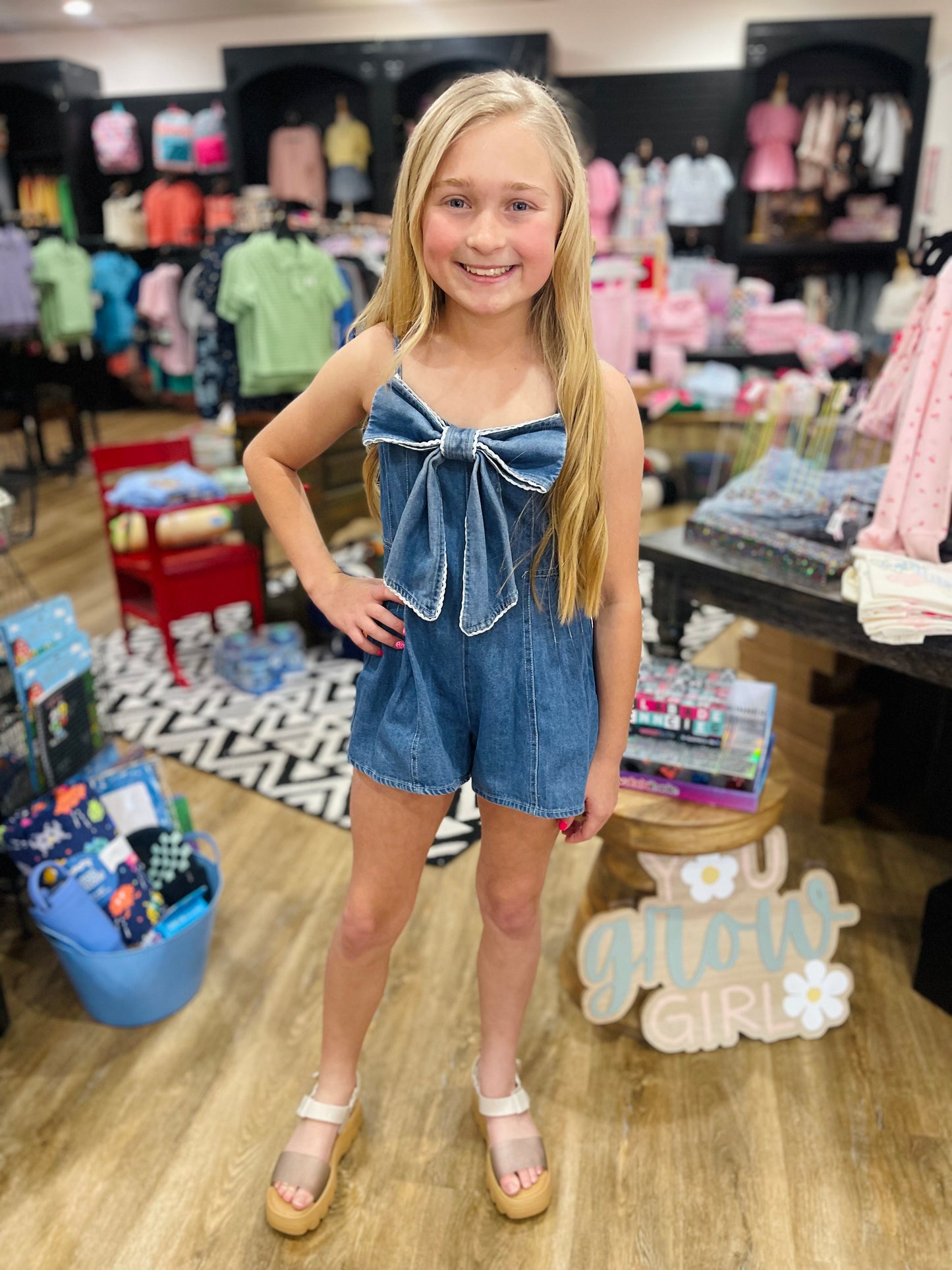 Front Bow Washed Denim Romper
