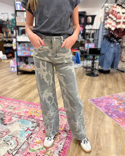 KanCan High Rise Wide Leg Camo Jeans