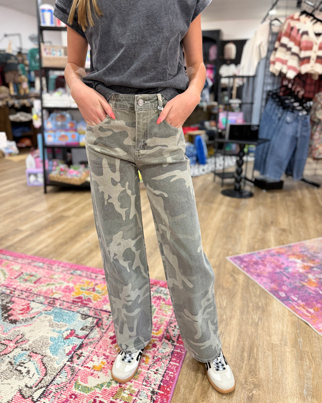 KanCan High Rise Wide Leg Camo Jeans