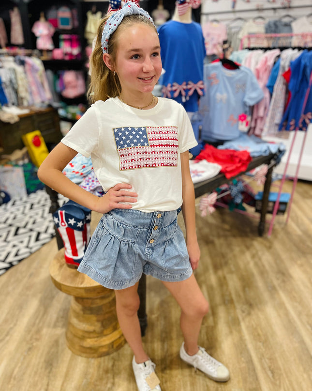 USA Flag Lace Trim Tee | Vanilla White