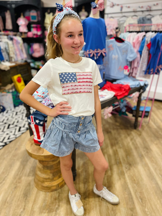 USA Flag Lace Trim Tee | Vanilla White