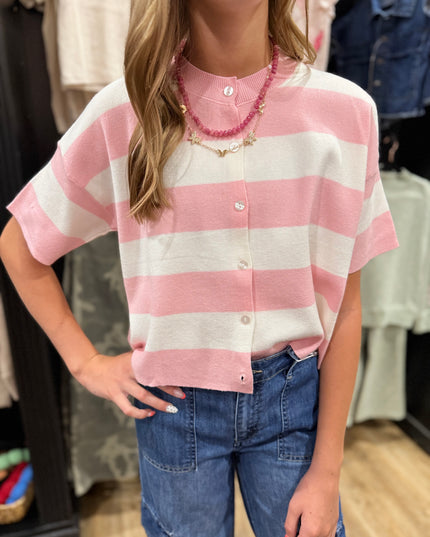Striped Button Down Knitted Top | Pink