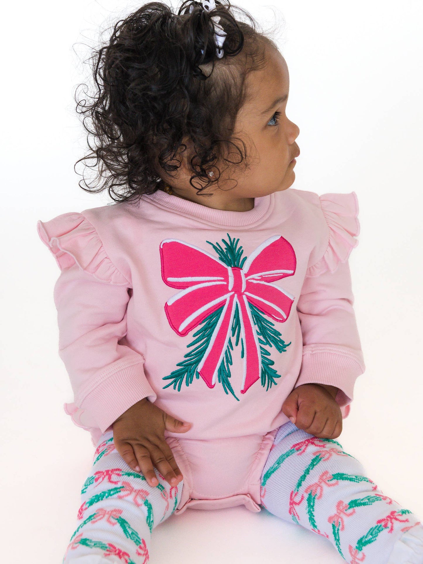 Mistletoe Bow Bubble Romper + Tinsel Tidings Footless Ruffle Tights