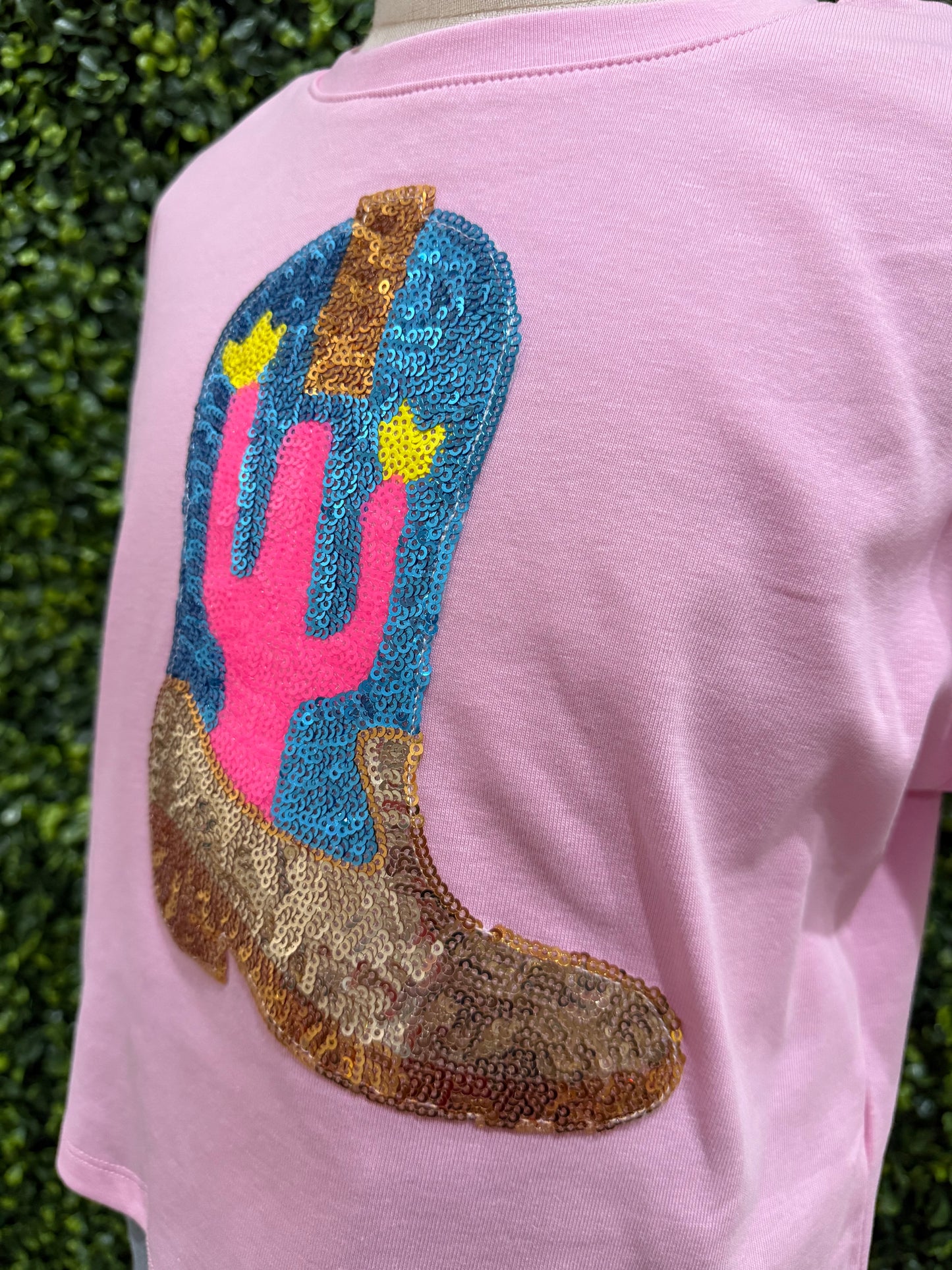 Sequined Cactus Boot Patch Knit Tee | Pink