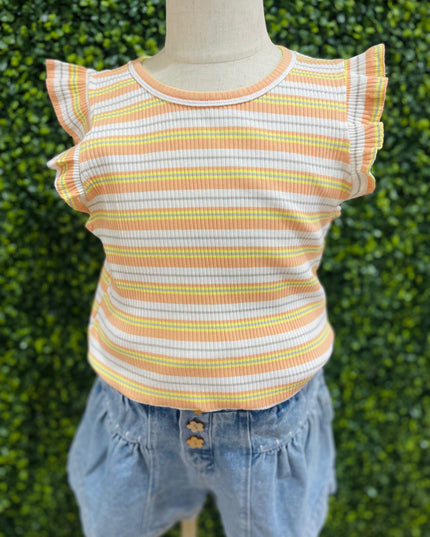 Ribbed Knit Multi Stripe Ruffled Tank | Orange